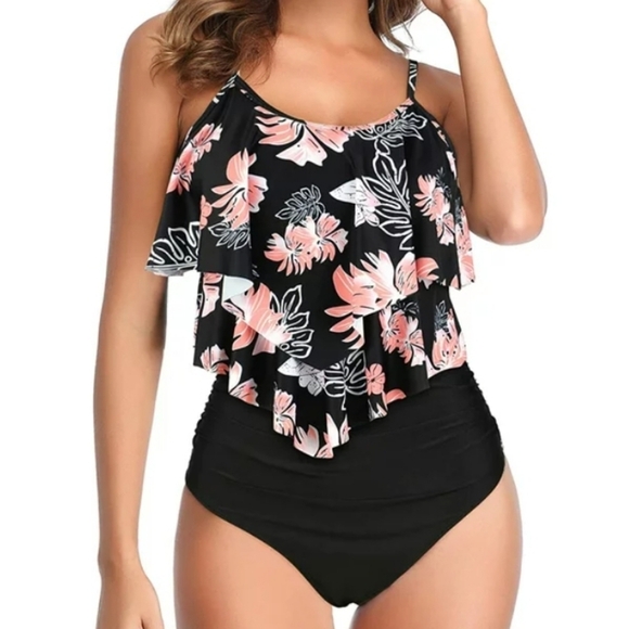 Zando Tankini Two Piece Swimwear Flouncy Top High Waisted Bottom Floral Size XXL - Picture 2 of 16